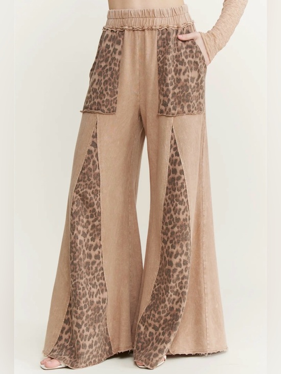 J.Her Pants - SM178 | J.Her Mineral Washed Latte Leopard Panel Flare Pants
